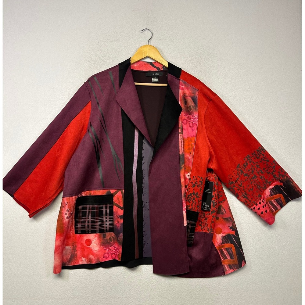Artistic Lagenlook Ali Miles Womens 3X Red Mixed Print Open Front Jacket Travel
